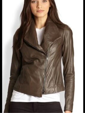 Vince Brown Scuba Leather Asymmetrical Zip Jacket